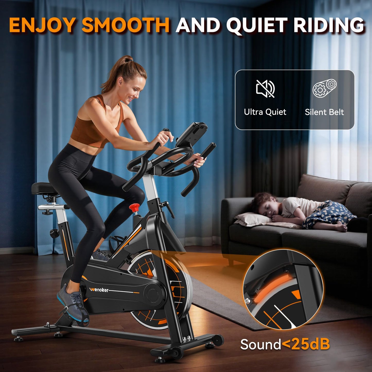 Wenoker Heimtrainer Fahrrad mit App, flüsterleiser Riemenantrieb, 350 lbs Belastbarkeit